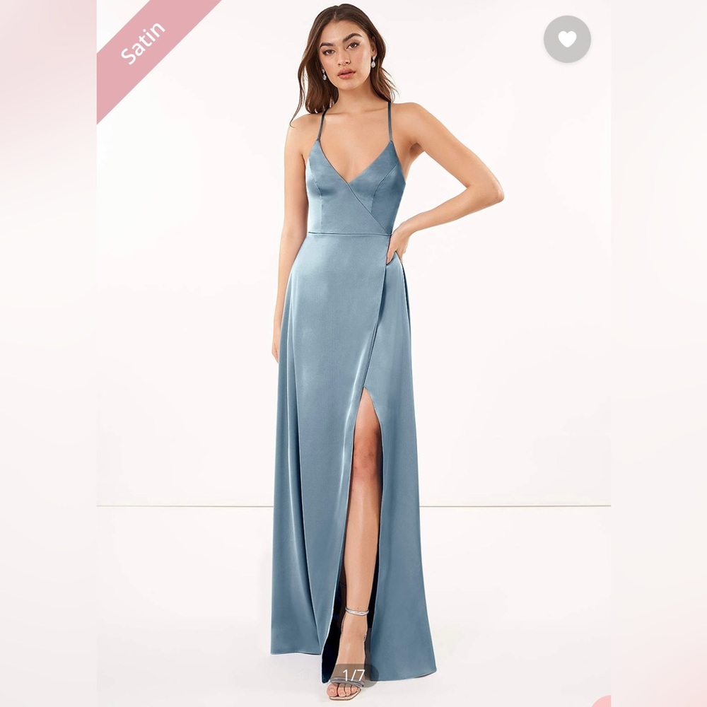 Azazie Dusty Blue Floor Length Stretch Satin Bridesmaid Dress